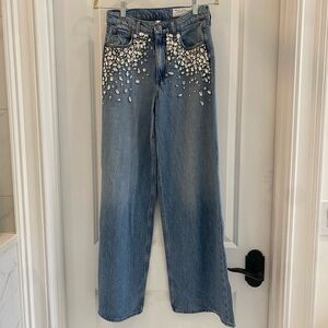 rag & bone Featherweight Sofie High Rise Wide Leg Jeans with Rhinestones